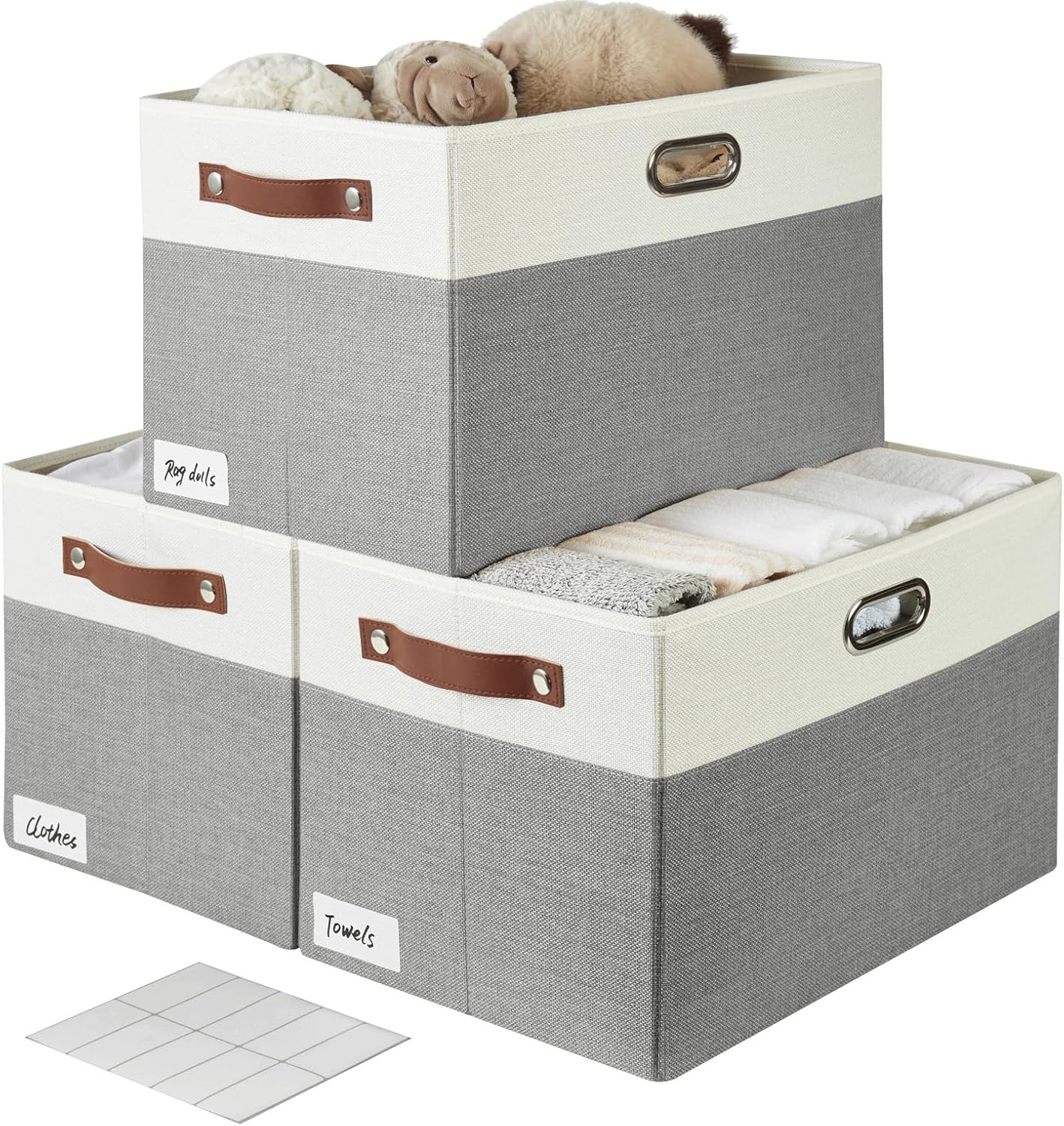 Large Collapsible Fabric Storage Bins with 3 Handles, Foldable Organizer Baskets for Closet, Shelves, Living Room | 3 Pack, Durable PU & Metal Handles (17"x11.8"x11.8", Gray & White)