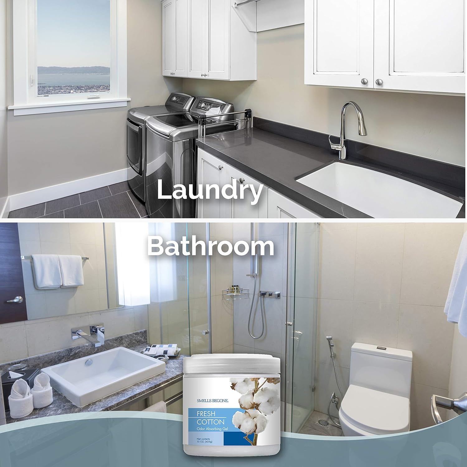 SMELLS BEGONE Air Freshener Odor Absorber Gel - 15 oz, Pack of 2 - Absorbs and Eliminates Odor in Pet Areas, Bathrooms, Cars, & Boats - Made with Essential Oils - Fresh Cotton Scent