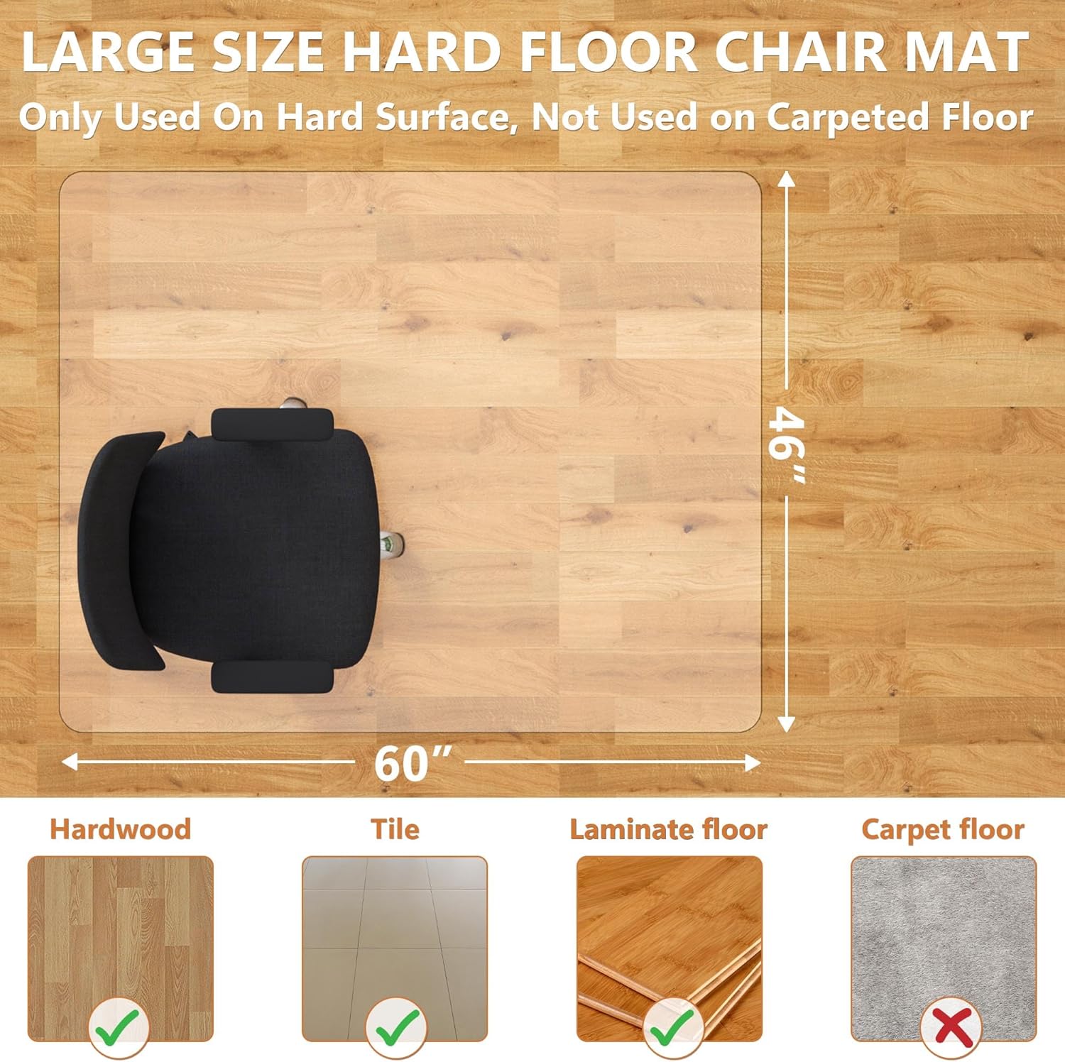 Office Chair Mat for Hardwood Floor- 46" x 60" Clear Desk Computer Chair Mat for Hard Wood/Tile Floors, Easy Glide Plastic Mat for Under Office Chairs on Hardwood for Work & Home