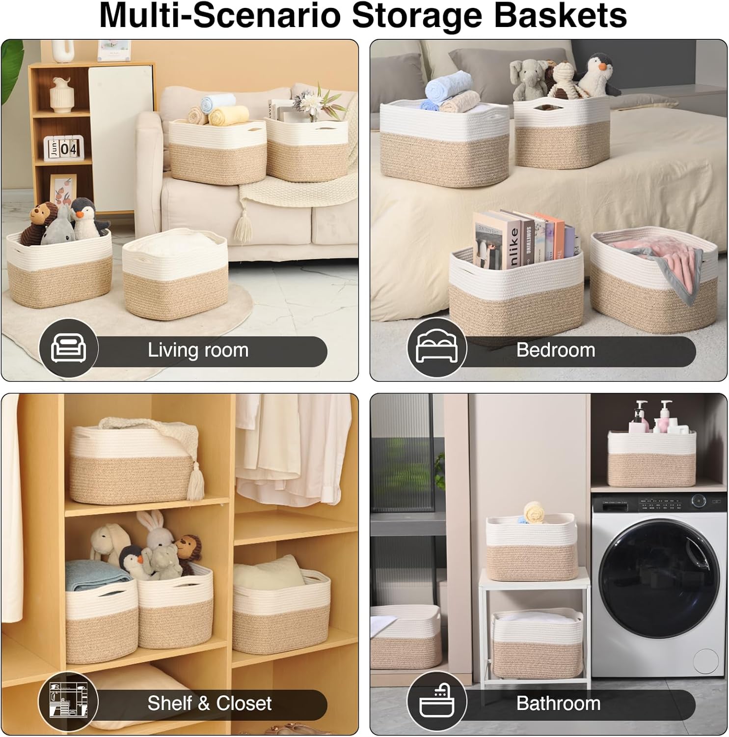 Storage Baskets for Organizing & Shelves, Woven Cotton Rope Organization Bins for Dog Toys, Clothes, Books, Nursery Organizer, 15" Lx11''Wx9.5''H, (4 Packs) Off White & Brown