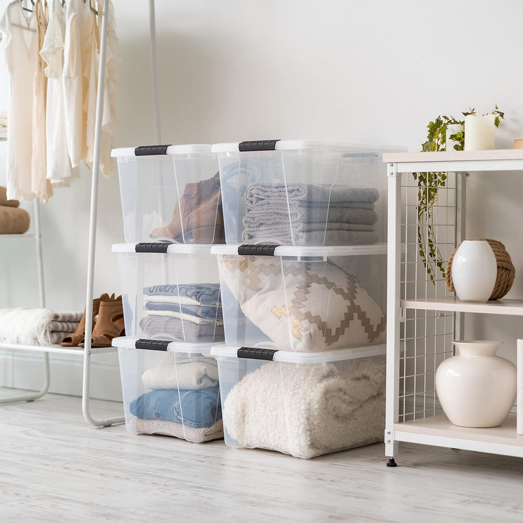 IRIS USA 40 Qt Stackable Plastic Storage Bins with Lids, 6 Pack - BPA-Free, Made in USA - See-Through Organizing Solution, Latches, Durable Nestable Containers, Secure Pull Handle - Clear