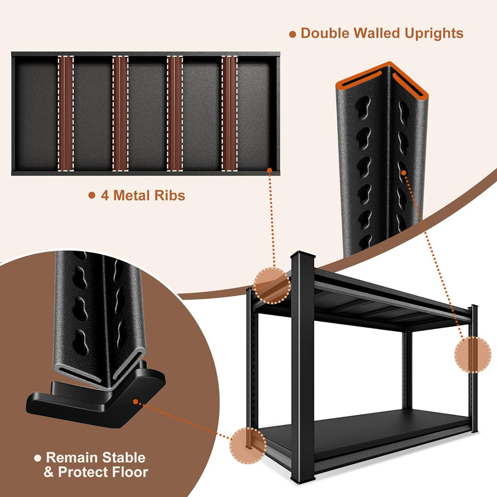 48" W 2-Tier Garage Shelving Heavy Duty, 1120LBS Loads Garage Storage Shelves, Metal Shelving Units and Storage Racks, Industrial Utility Shelf Heavy Duty,48" Wx16 Dx39 H, Black