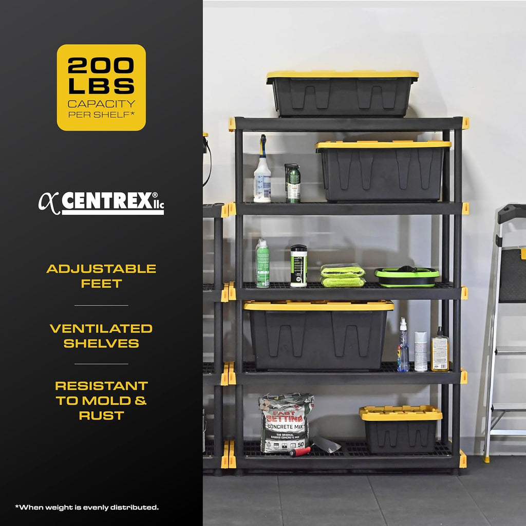 CX Black & Yellow®, 5-Tier Heavy Duty Plastic Storage Shelving Unit, 200lbs/shelf (72”H x 48”W x 20”D), for Indoor/Outdoor Organization, Modular Rack