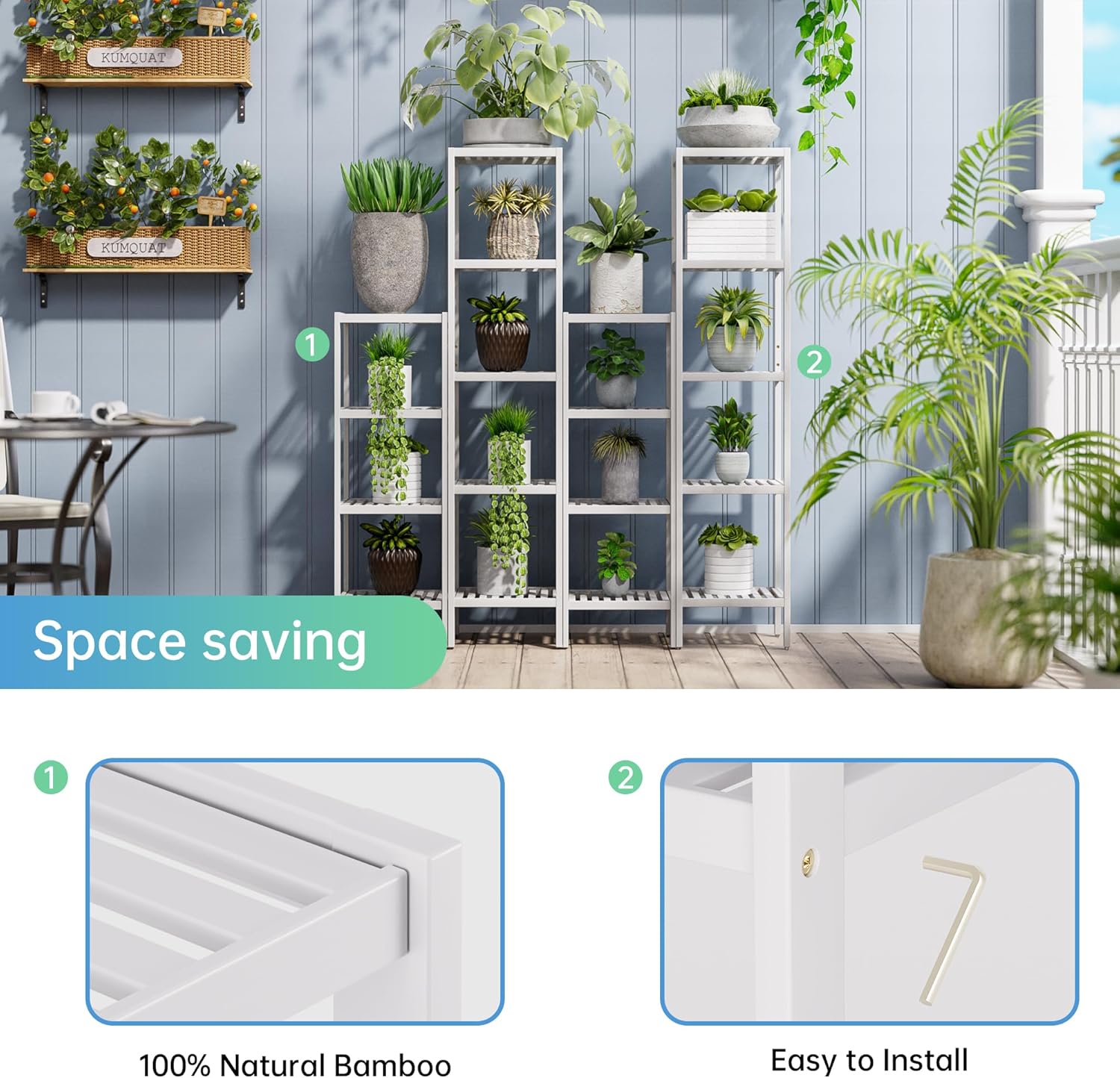 SMIBUY Bathroom Storage Shelf, 5-Tier Bamboo Rack Organizer, Multifunctional Shelving Unit for Living Room Bedroom Kitchen (White)