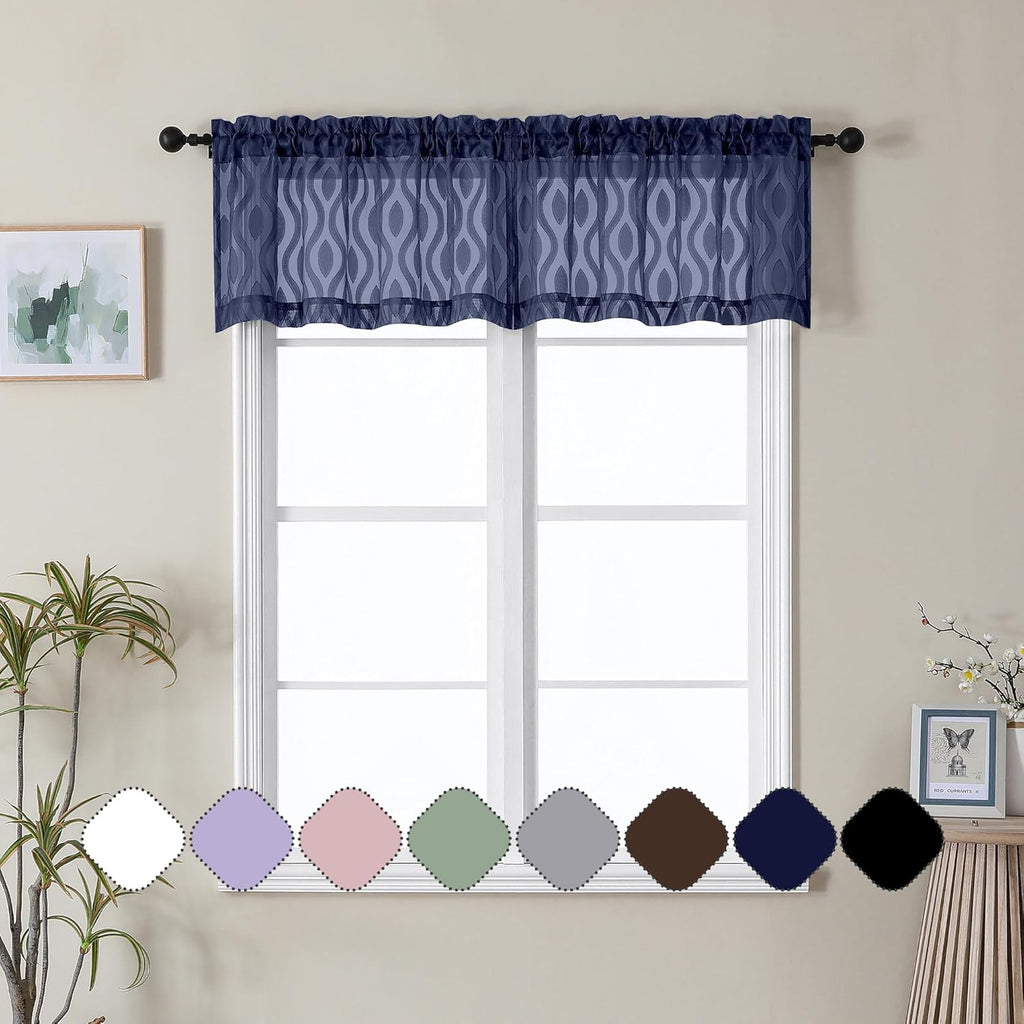 Aiyufeng Blue Valances for Windows, Chic Wavy Line Clip Jacquard Voile Sheer Small Window Curtain for Basement Small Curtains, Lightweight Rod Pocket Short Curtains for Windows, 2 PCS, 40Wx14L Inches