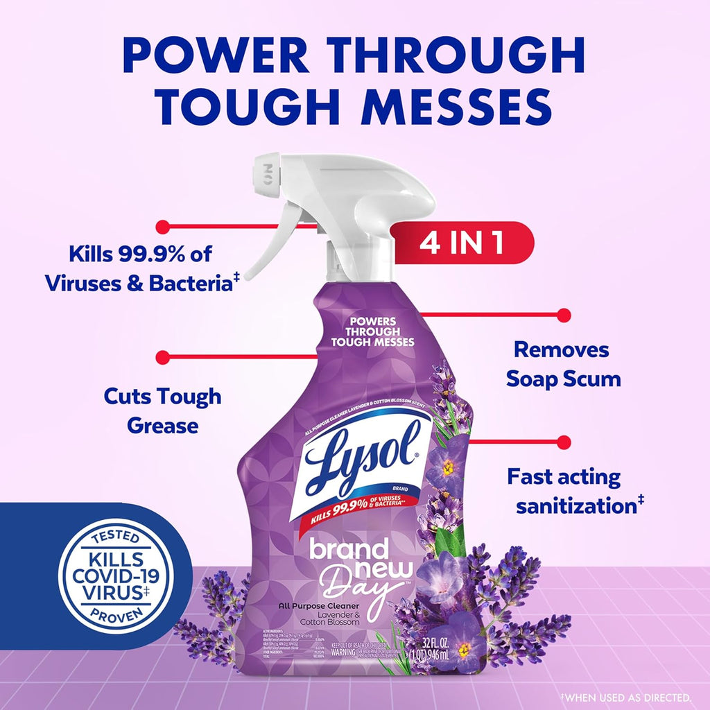 Lysol All Purpose Cleaner Spray, Multi-Purpose Disinfecting Spray, Kitchen & Bathroom Cleaner, Lavender & Cotton Blossom Scent, 32 Fl Oz