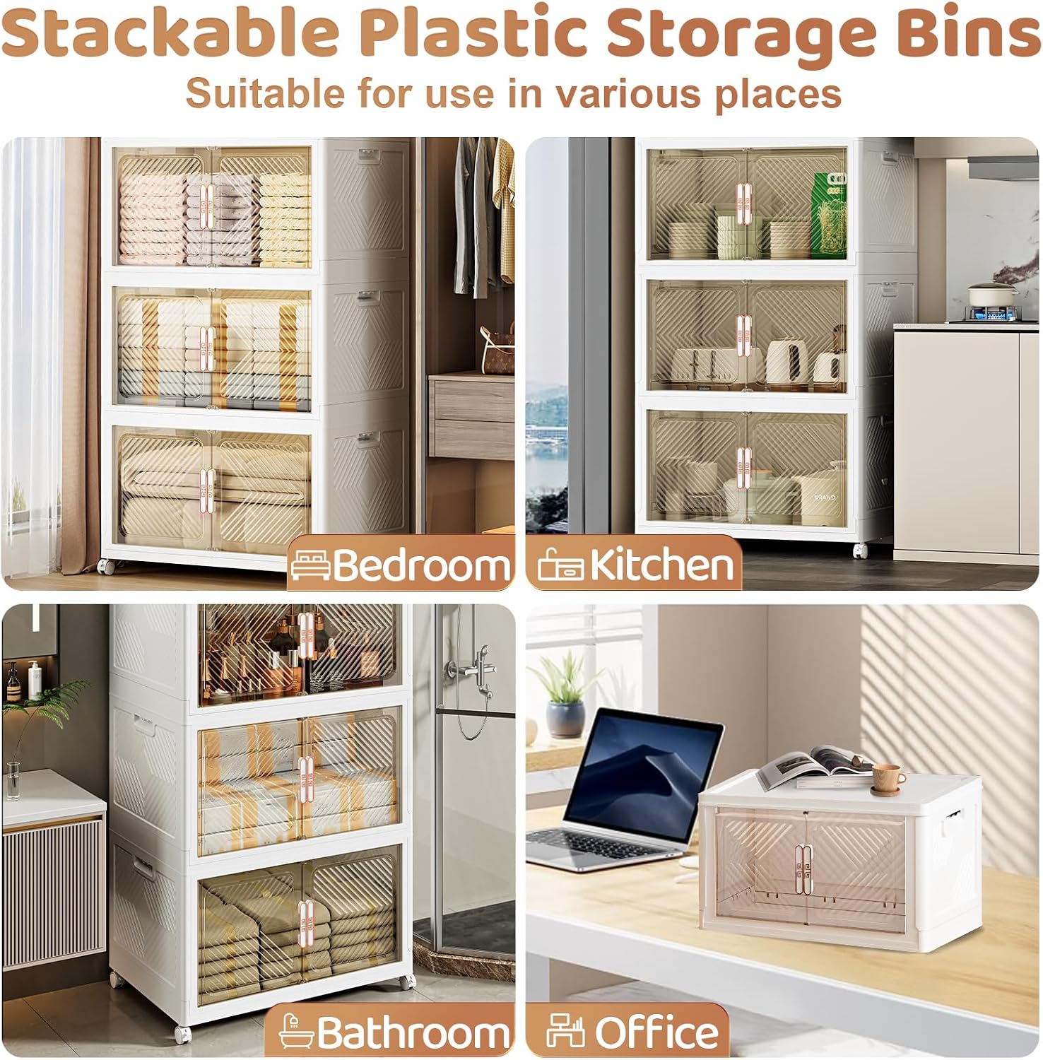 Storage Bins with Lid 76QT, Stackable Storage Containers with Wheels and Magnetic Doors, Plastic Clothes Closet Organizers and Storage Box for Pantry, Home and Office (5 Pack)