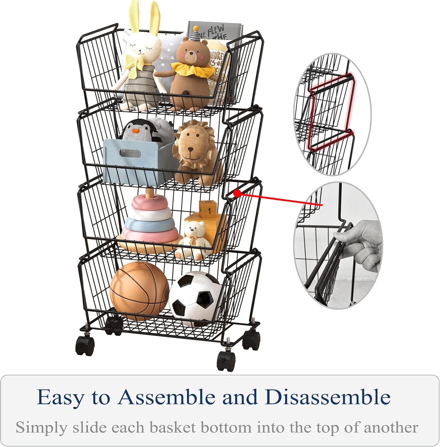 PUSDON 4-Tier Stackable Metal Storage Baskets, Anti-Rust Fruit Vegetable Rack, Dual Use Shelf for Kitchen, Home & Office, Black