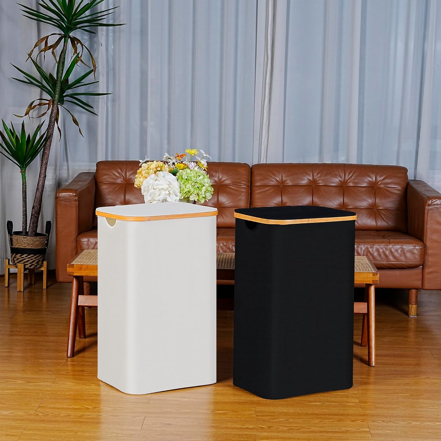 100L Laundry Hamper with Lid, Lagre Basket with Bamboo Handles,Foldable Clothes Hamper Tall Dirty Laundry Basket for Clothes Toys Towels Organizing,Black