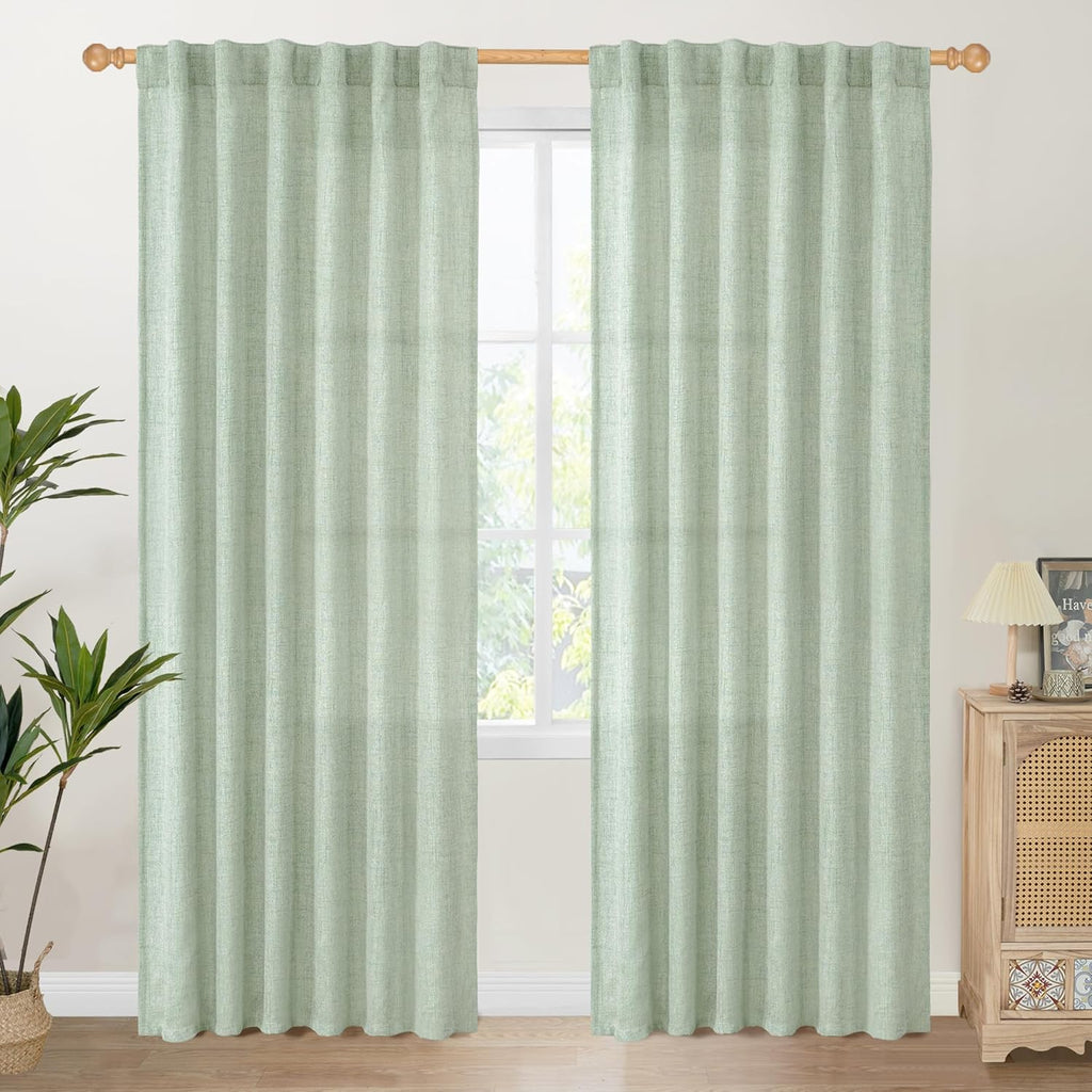 YoungsTex Sage Green Curtains 80 Inch Length for Living Room, Semi Sheer Linen Drapes Light Filtering with Back Tab Rod Pocket for Bedroom Office Spring Window Treatments, 52 X 80 Inch, 2 Panels
