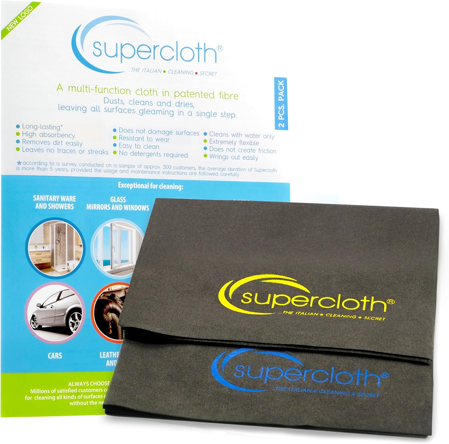 Supercloth® Premium Microfiber Cleaning Cloth for All-Purpose, Lasts Over 5 YEARS, Glasses Cleaning Cloth, Microfiber Cleaning Cloth for Cars, Magic Reusable Cloth Streak-Free 100% Made in Italy (2pk)