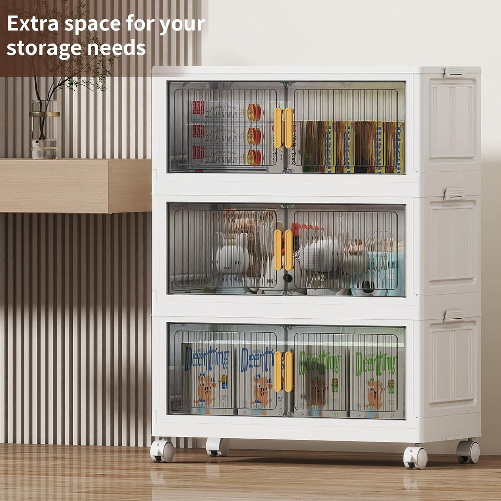 62 Gal Stackable Plastic Storage Bins with Lids 3 Tier, Collapsible Closet Organizers and Storage with Wheels for Living Room,Office,Dorm 26.8" W x 14.4" D x 37" H