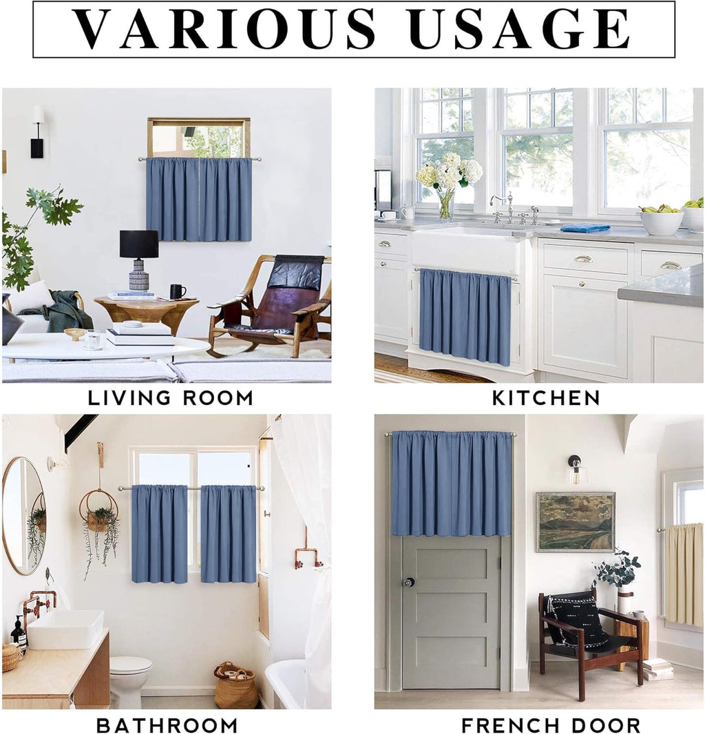 RYB HOM Blackout Curtain Valance - Room Darkening Half Window Treatment Solid Elegant Privacy Home Decor for Kitchen Bedroom Bathroom, 29 inches Wide x 24 inches Long, Stone Blue, 1 Pair
