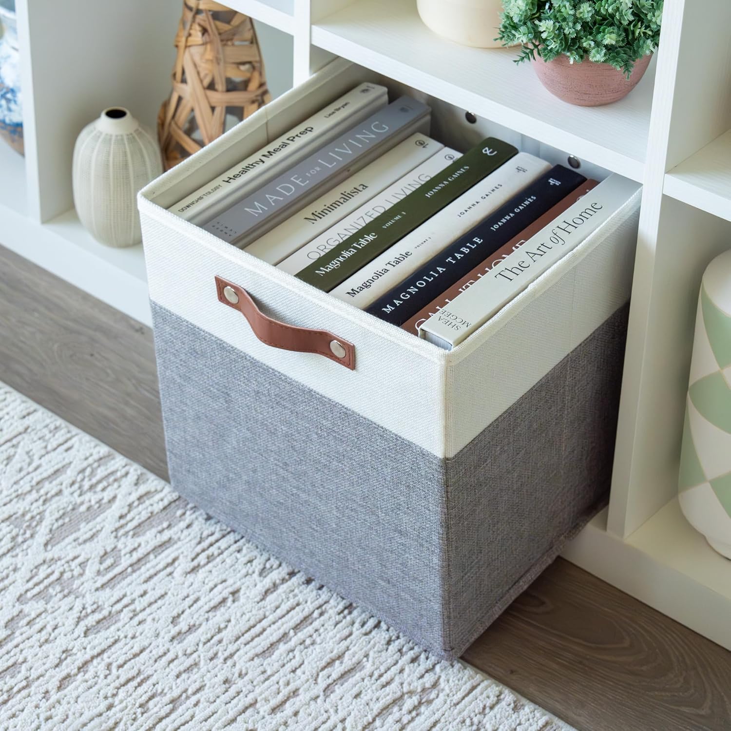 OrganiHaus 12x12 Fabric Storage Bins - Set of 4, Cube Fabric Organizer Bins with Vegan Handles, Kallax Storage Cubes, Cubbies Organizer Boxes, 12Inch Cubic Baskets for Shelves - Grey / White