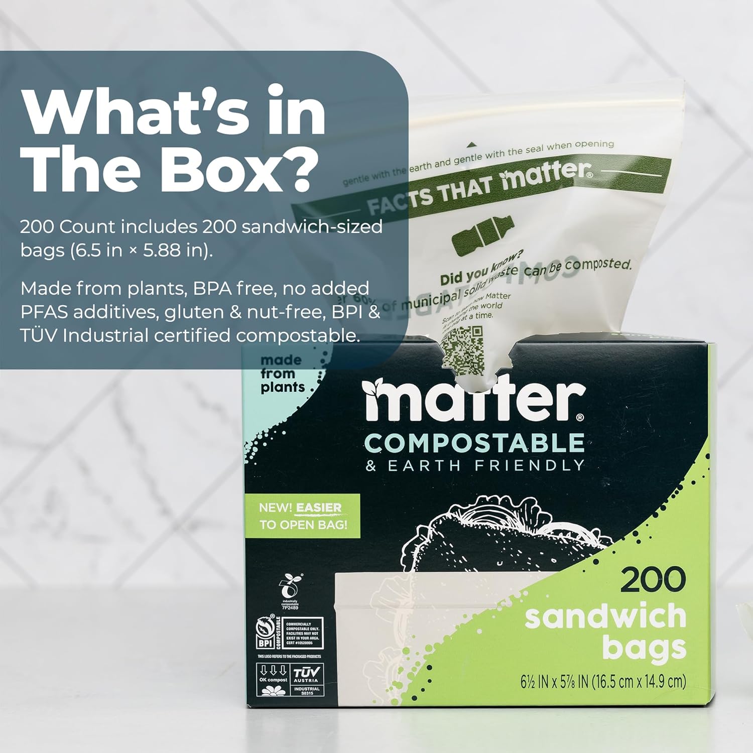 Matter Compostable Sandwich Bags for Food Storage, Eco-Friendly, Resealable, 200 Count
