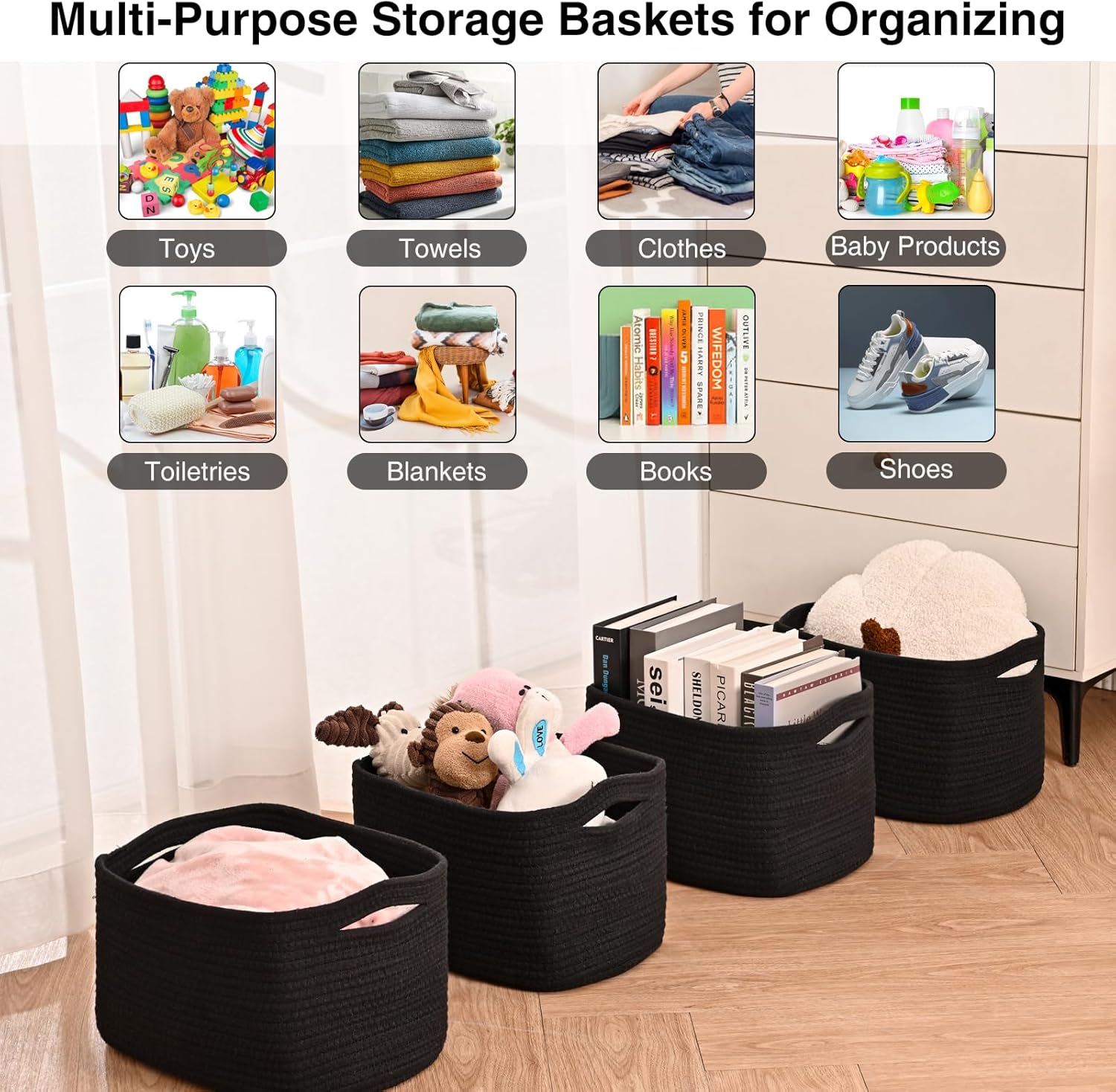 Small Storage Baskets for Organizing Shelves, Cotton Rope Basket for Storage, Cute Rectangular Book Toy Bins, 12.7"×9.1"×7.9", 4 Packs, Black
