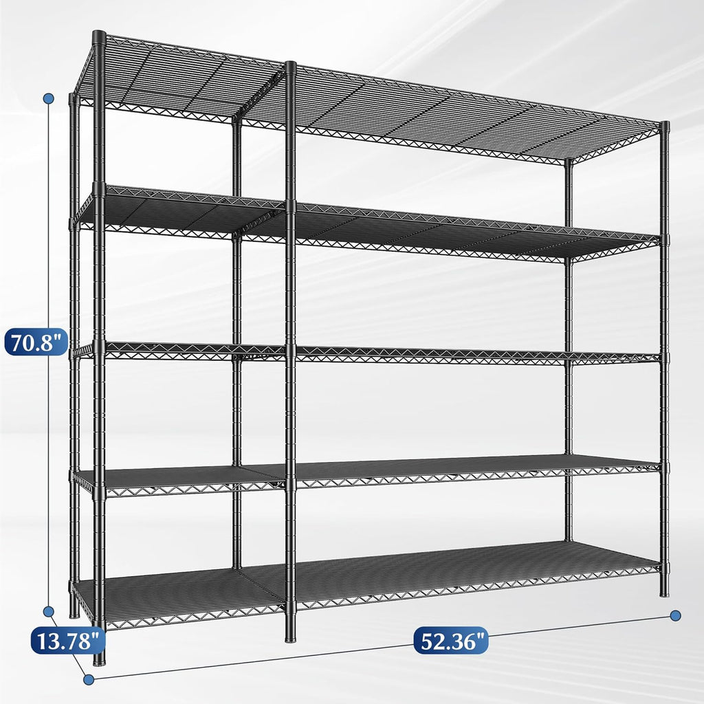 52.36" W Storage Shelves Metal Shelving Unit Load 1400LBS 5 Tier Wire Shelf for Storage Adjustable Garage Shelving Heavy Duty Shelves for Pantry Kitchen Garage, 52.36W x13.78Dx70.8H