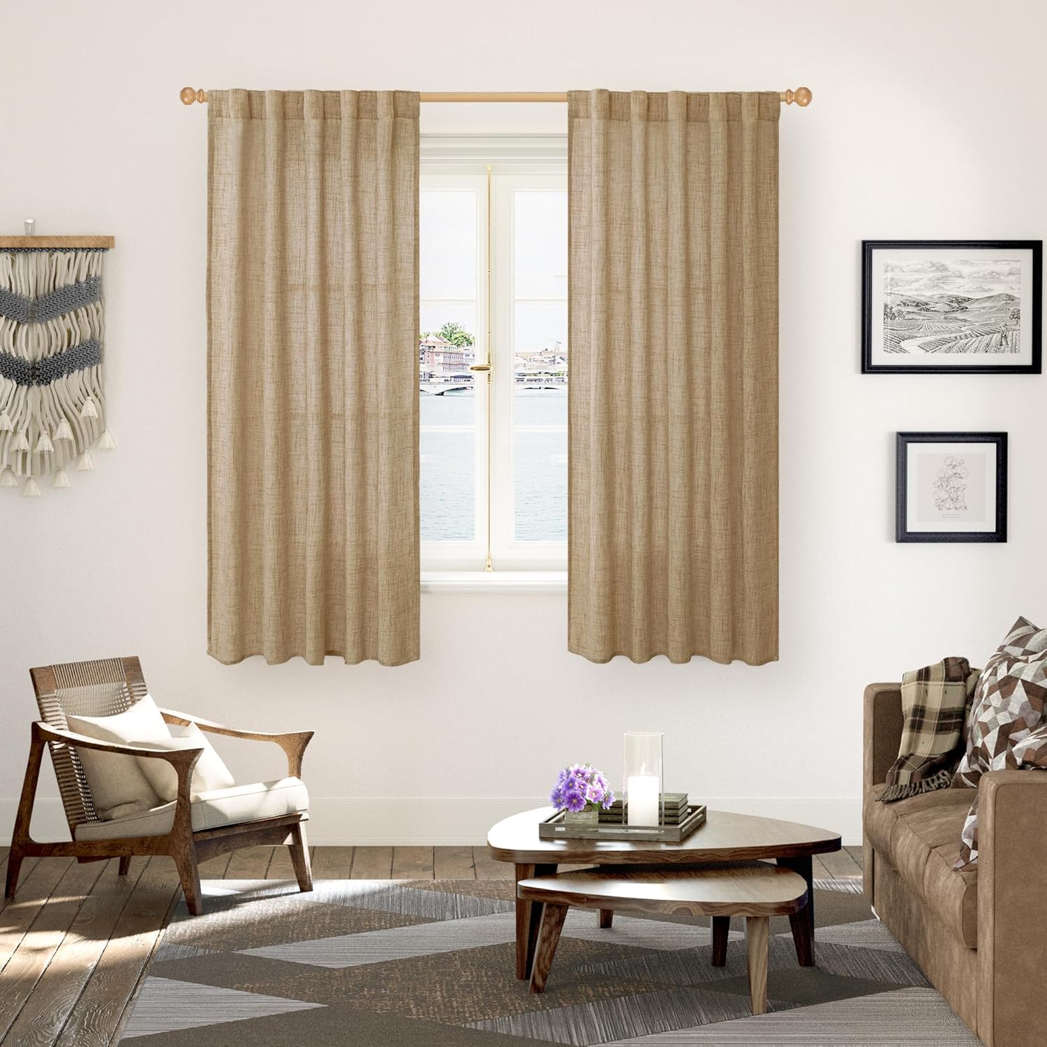 YoungsTex Toffee Linen Curtains 63 Inch Length for Short Living Room Window, Light Filtering Rod Pocket Burlap Textured Drapes for Bedroom Back Tab Rustic, 42 X 63 Inch, 2 Panels