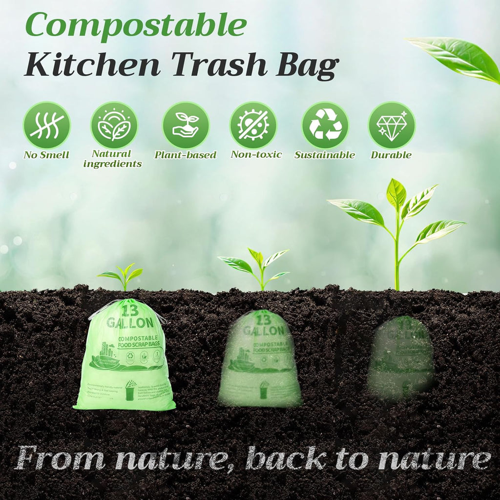 Amyhill 100 Count Compostable Kitchen Trash Bags 13 Gallon Compostable Drawstring Kitchen Waste Garbage Bags 49.2 Liter, 1.575 Mil for Bathroom Home Bedroom Office Garbage