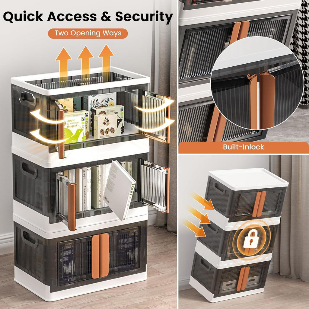 8.4Gal Collapsible Storage Bins with Lids & Wheels - 1 Pack Stackable with Doors, Heavy-Duty Plastic Containers for Home/Office, White