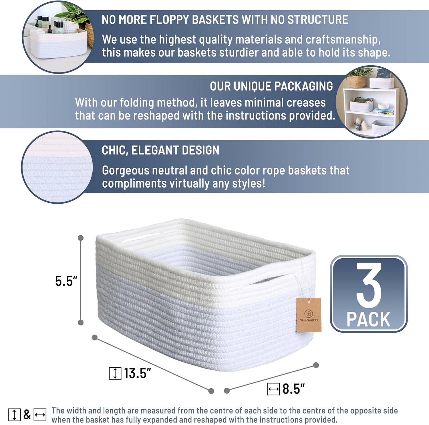 NaturalCozy 13.5”x8.5”x5.5” Rectangle Storage Baskets for Shelves 3 Pack | Cotton Rope Woven Small Baskets for Organizing | Small Storage Bins for Nursery, Bathroom, Closet, Shelf, Decorative