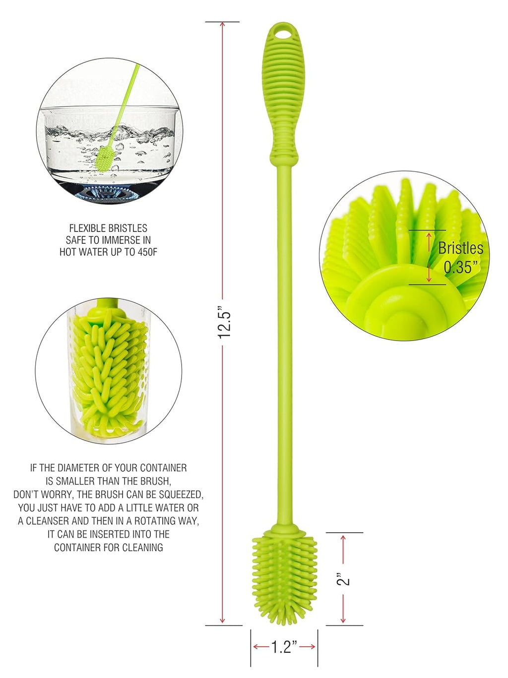 A-Brush Silicone Bottle Cleaner Brush, Flexible, Long Handle - Water Bottle Cleaner, Baby Bottle Nipple Brush for Plastic & Glass, BPA-Free Dish Washing Brush A2S Protection