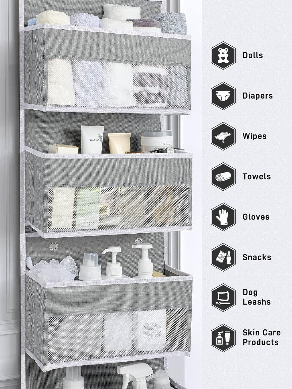 Yecaye 6-Tier Over the Door Storage Organizer, Flexible 1 Split into 2 Swing-proof Hanging Bathroom Storage Organization, Bedroom Organizer and Storage for Newborn Baby Essentials, Grey