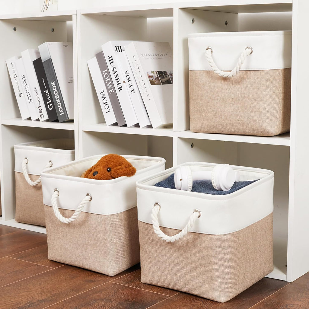 11 x 11 Inch Storage Cubes, 6 Pack Large Collapsible Fabric Storage Bin with Ropes, Foldable Storage Cubes for Home, Office,Closet, Clothes, Toys Organizer (White&Beige)