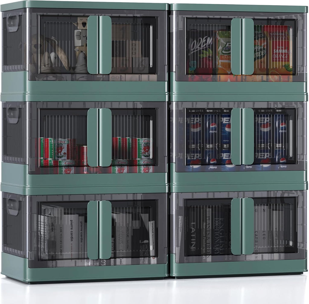 8.4Gal Collapsible Storage Bins with Lids & Wheels - 6 Pack Stackable with Doors, Heavy-Duty Plastic Containers for Home/Office, Green