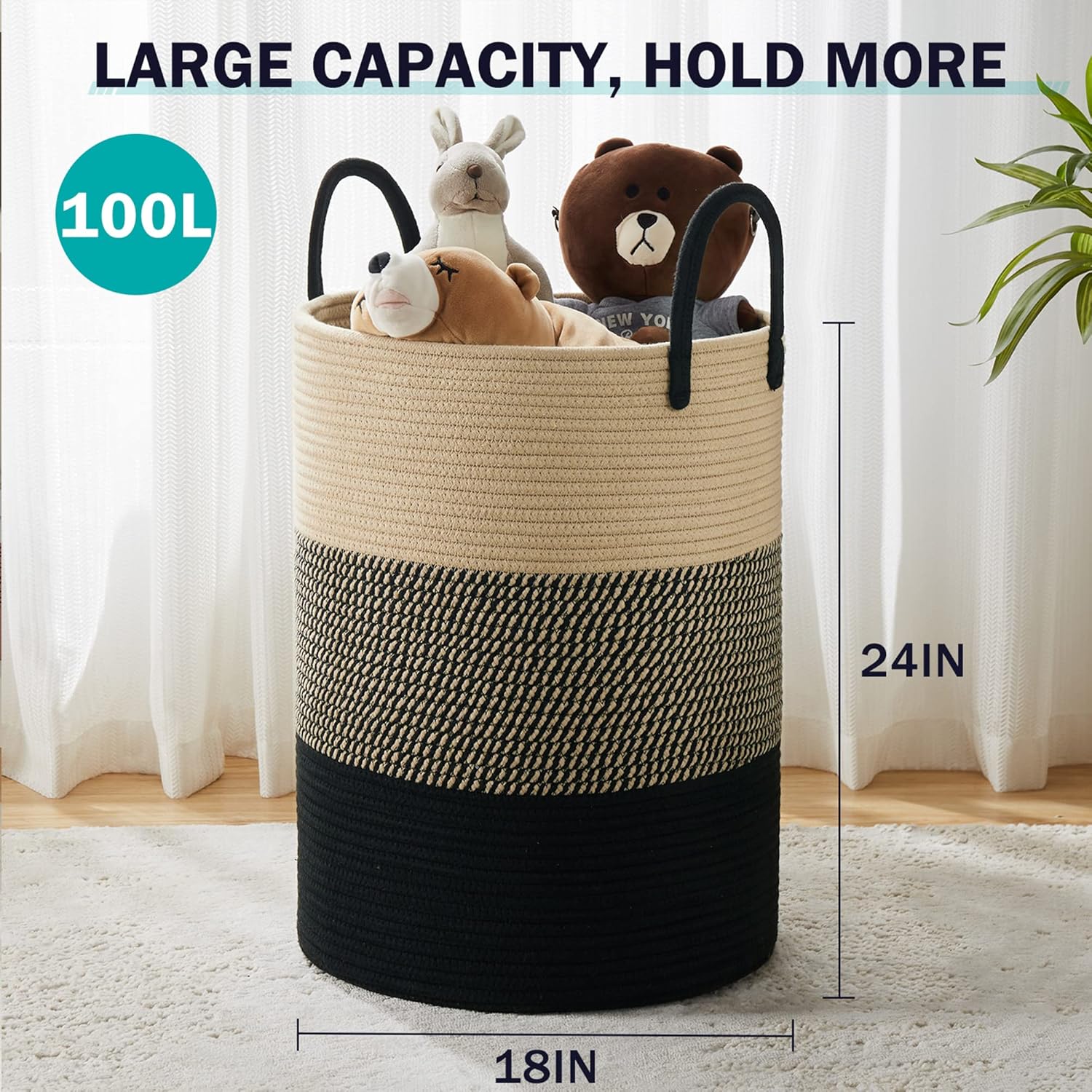 YOUDENOVA Woven Rope Laundry Hamper Basket, 100L Tall Laundry Basket, Baby Nursery Hamper for Blanket Storage, Clothes Hamper for Laundry in Bedroom-Extra Large-Black Brown