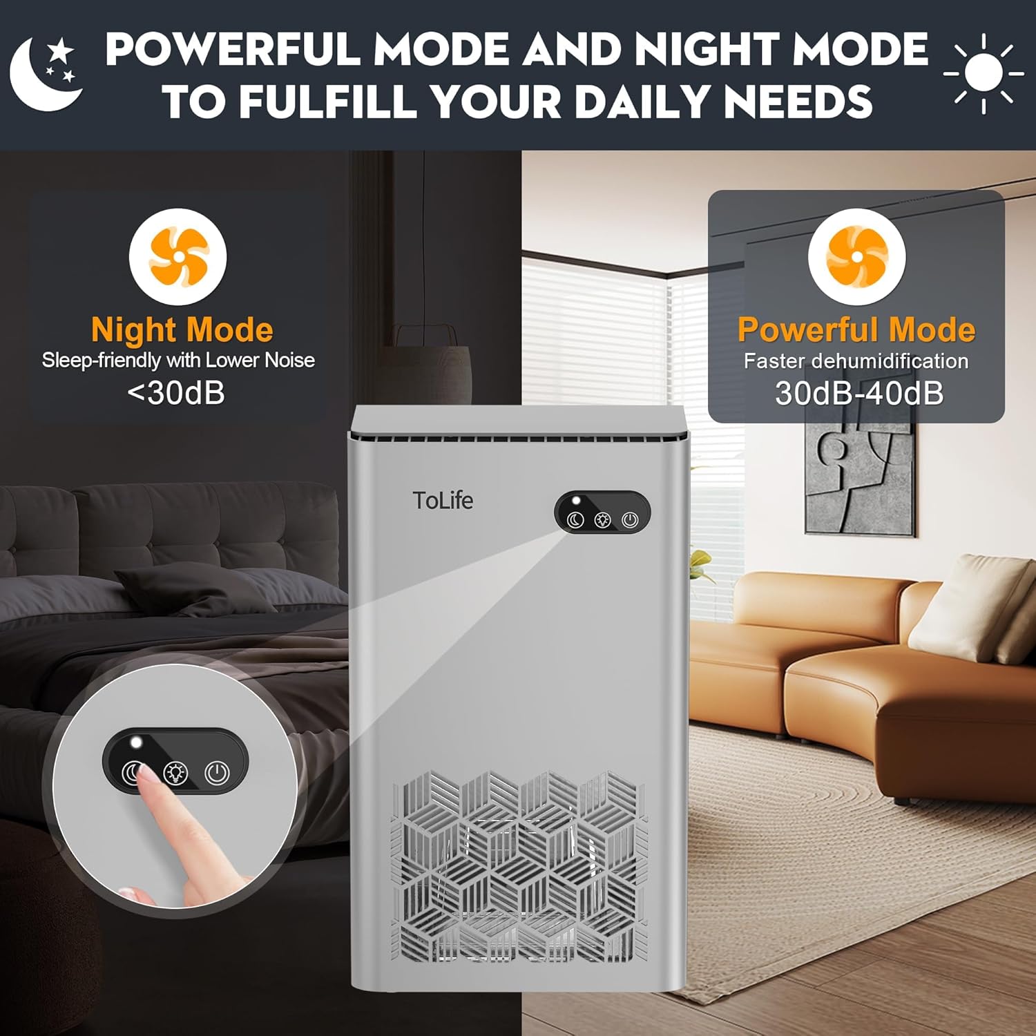 ToLife Dehumidifier for Home, 1000 sq.ft Dehumidifiers for Basement Bedroom Bathroom with 95 OZ Water Tank, Auto Shut Off 7 Colors LED Light, Silver