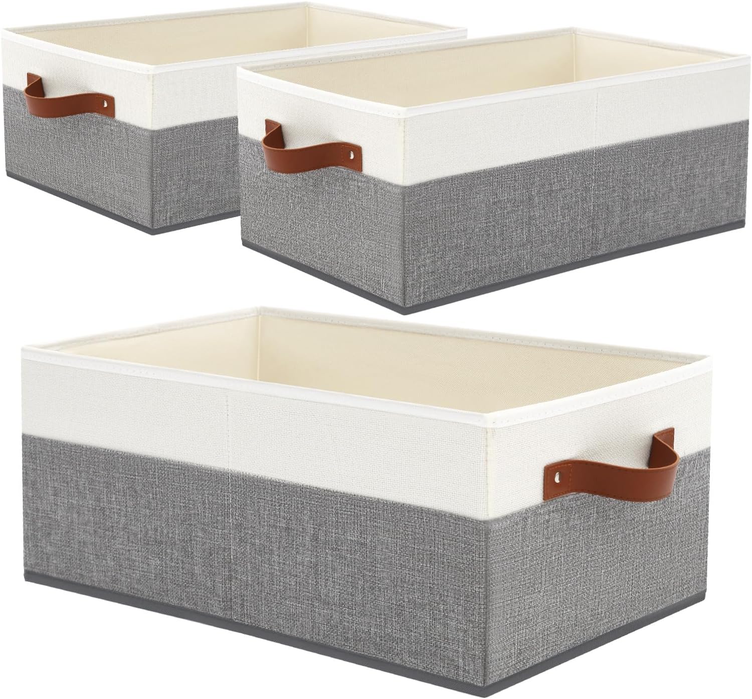 3 Pack Large Capacity Storage Bins Closet Organizer for Shelves, Fabric Closet Storage Baskets Boxes with Leather Handles for Organizing Clothes, Sheets, Jeans, Toys, Books (Grey)