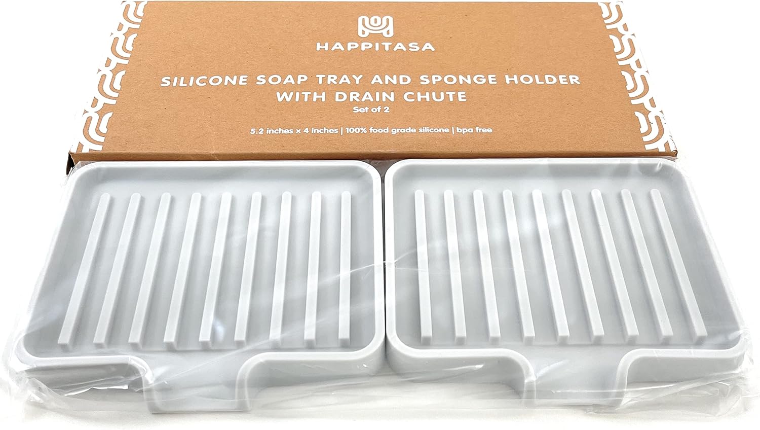 Happitasa Silicone Soap Dish Tray and Sponge Holder with Drain Chute, Pack of 2 | Bathroom and Kitchen Sink Organizer Caddy (Light Grey, 5.2"x4", 7.2 Ounces)