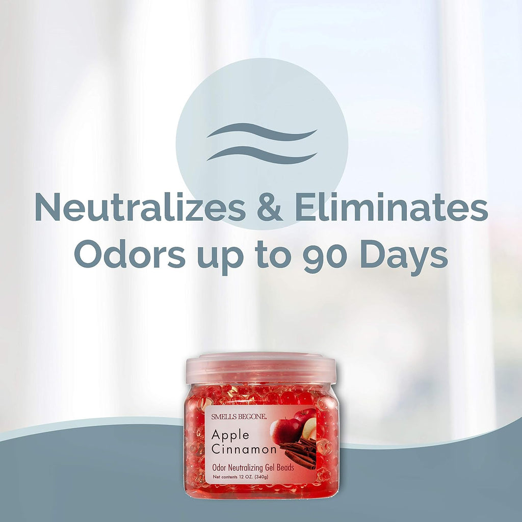 SMELLS BEGONE Odor Eliminator Gel Beads - Air Freshener - Eliminates Odor in Bathrooms, Cars, Boats, RVs and Pet Areas - Made with Essential Oils - Apple Cinnamon Scent - 12 Ounce