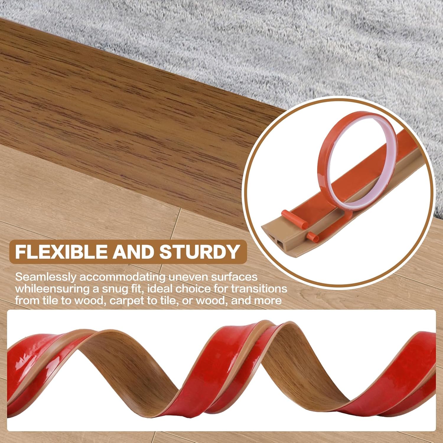 Floor Transition Strip Vinyl Door Threshold Ramp Self Adhesive Carpet Edging Strip Doorway Edge Trim, Overlap Edge Reducer for Laminate Carpet, Floor, Tile (Orange Oak, 1/5" to 2/5", 10Ft)