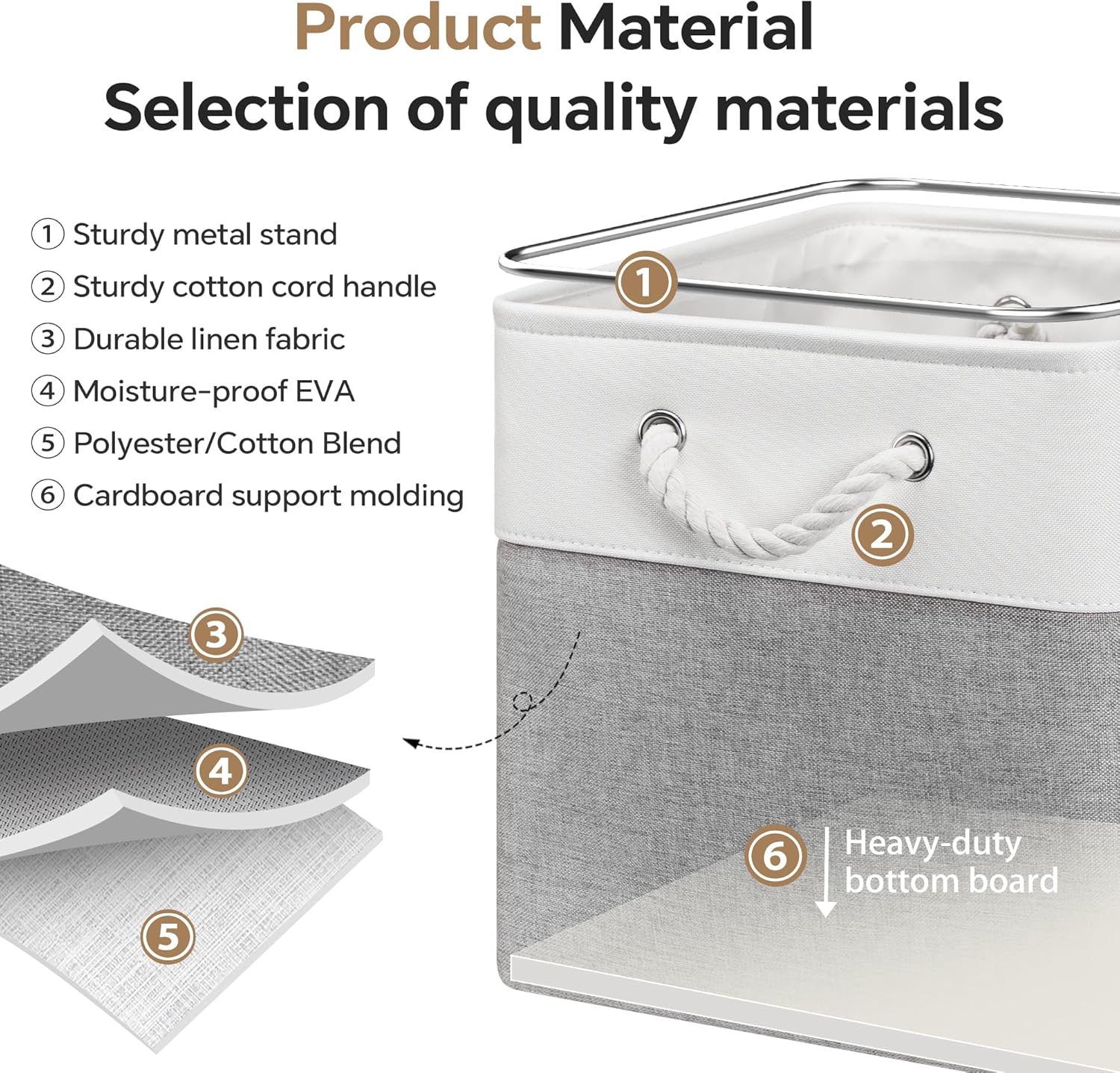 13x13 Inch Cube Storage Bins with Reinforced Bottom Cardboard, 6 Pack Large Collapsible Fabric Storage Cubes with Handles for Shelf, Closet, Toy, Laundry Organization (White&Gray)