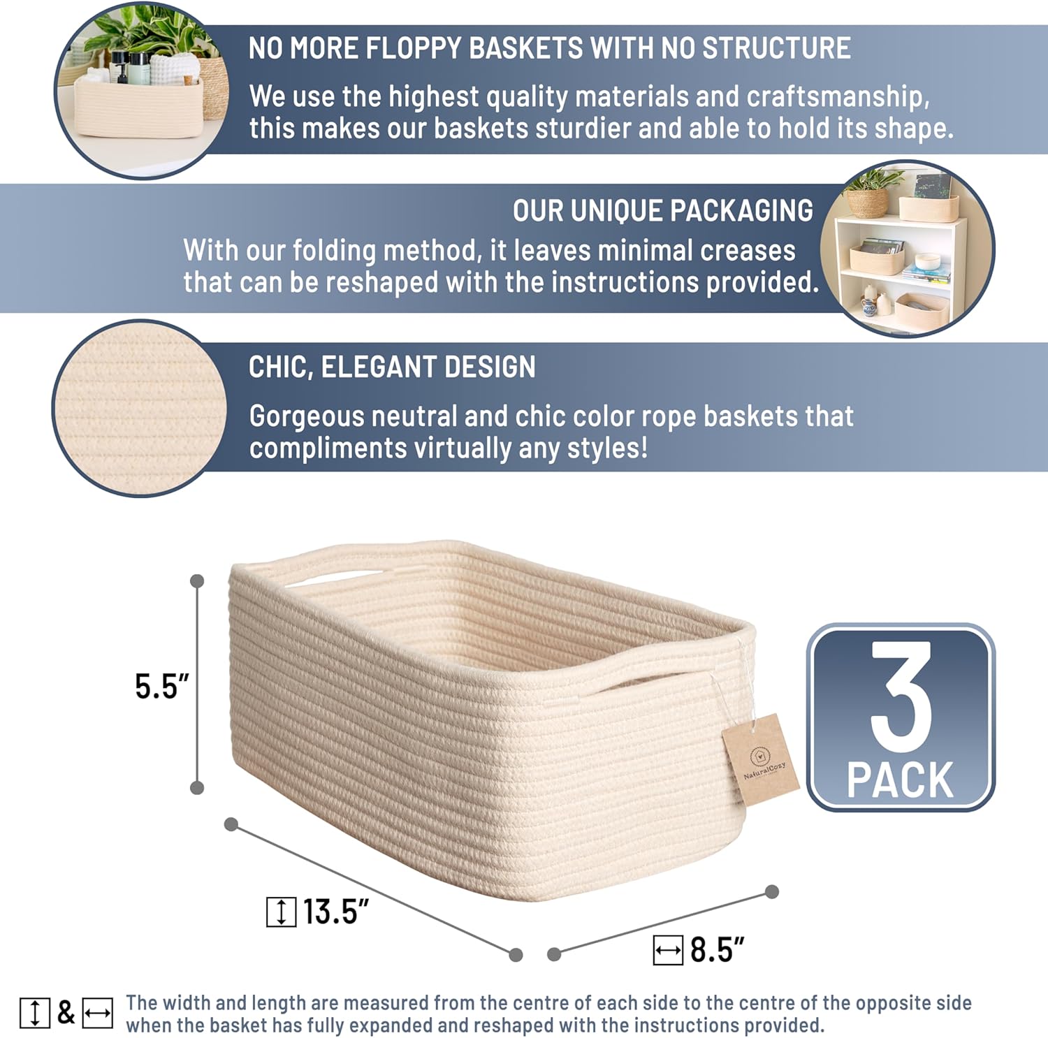 NaturalCozy 13.5”x8.5”x5.5” Storage Baskets for Shelves 3 Pack | Cotton Rope Woven Small Baskets for Organizing | Small Storage Bins for Nursery, Bathroom, Closet, Cube Shelf, Decorative, Gift