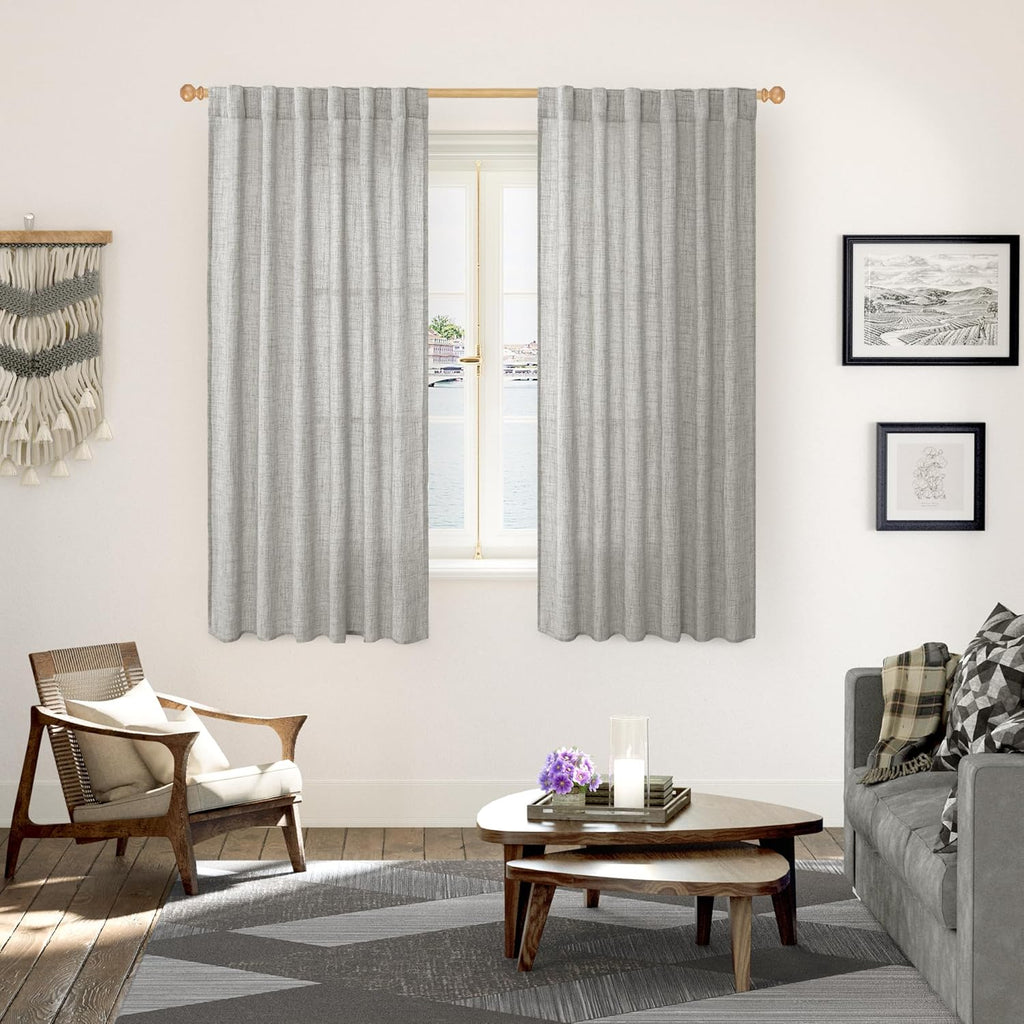 YoungsTex Dark Grey Linen Curtains 63 Inch Length 2 Panels for Living Room, Light Filtering Semi Sheer Drapes Back Tab/Rod Pocket for Bedroom Country Lightweight Window Treatments, 52 X 63 Inch