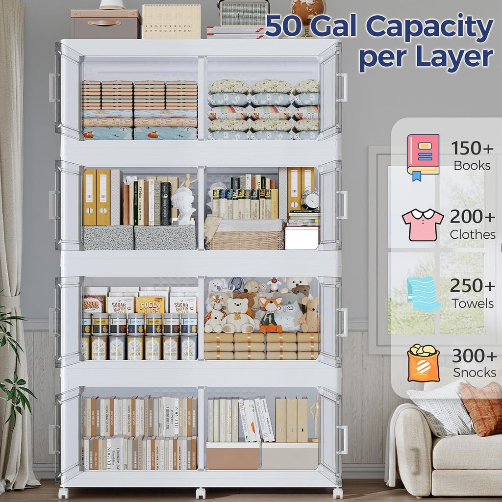 150GAL Storage Bins with Lid and Wheels, Stackable Closet Organizers and Storage Drawer, Collapsible Storage Box with Dividers, Foldable Plastic Cabinets Cubes Totes for Garage, 3 Pack White