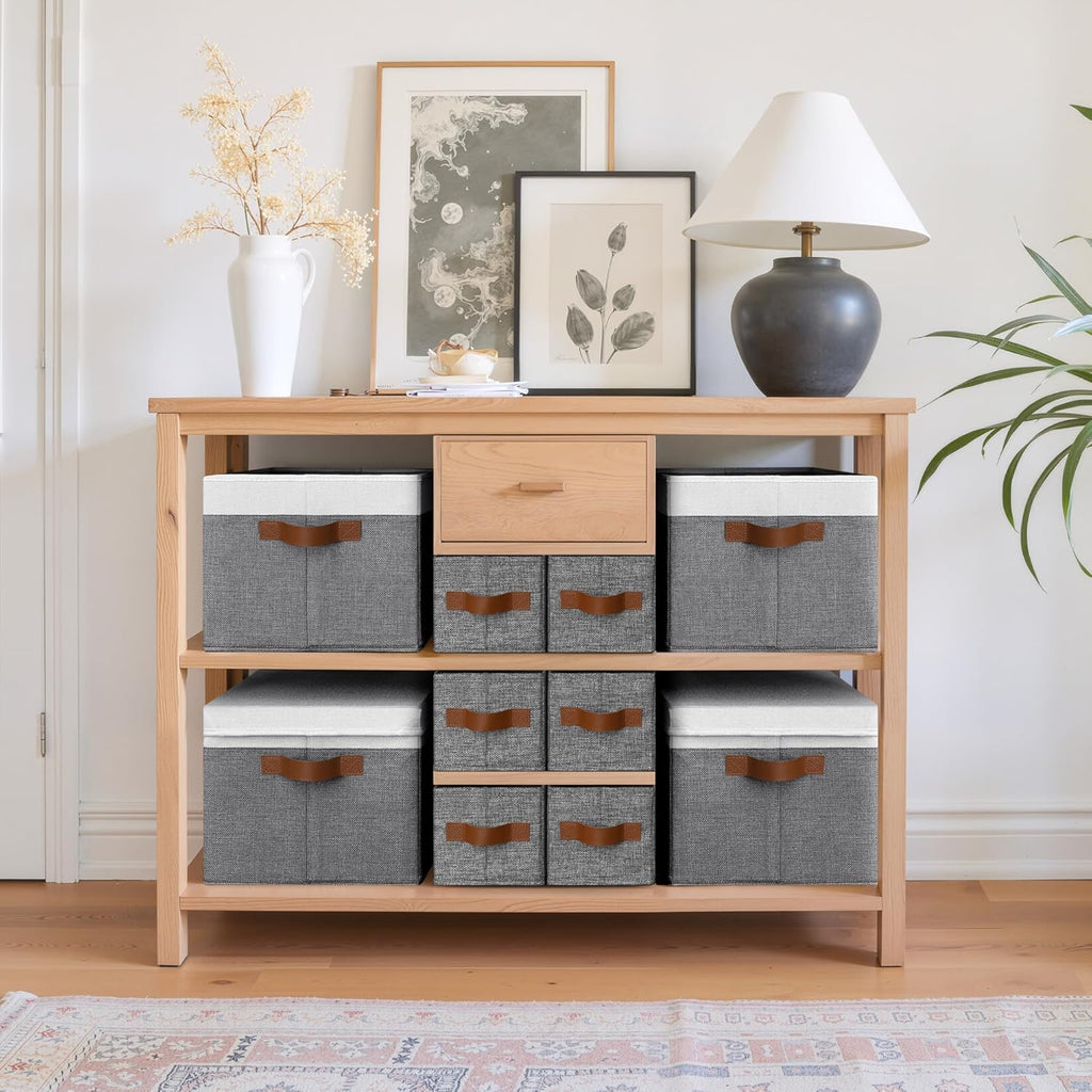 GRANNY SAYS Small Fabric Storage Bins with PU Handles, Storage Baskets for Shelves, Toilet Paper Storage, Narrow Baskets for Organizing DVD, Photos, Clothes, Diaper, Sock, Cd, 6-Pack, Gray