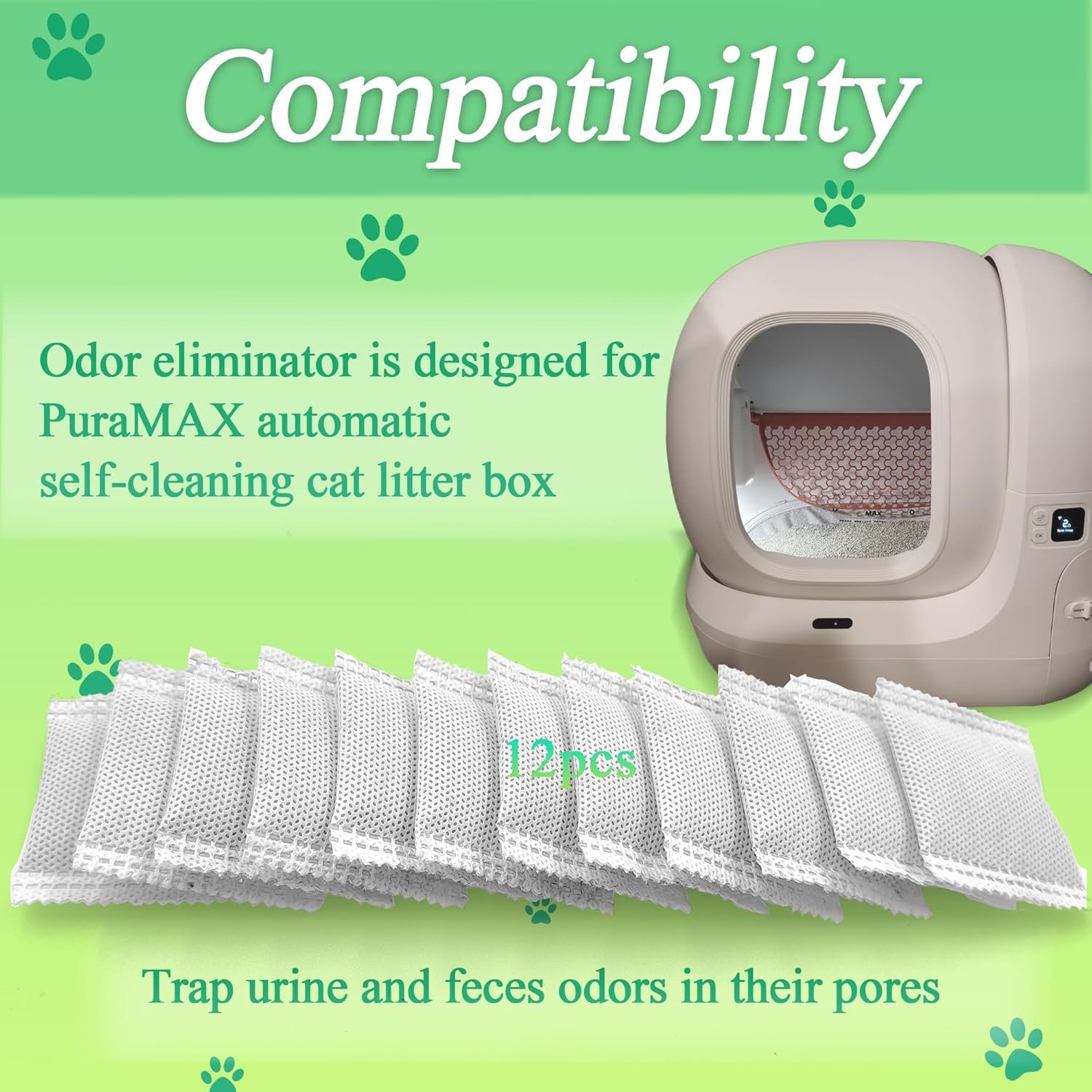 12 Pack Odor Eliminator for PuraMax Self-Cleaning Cat Litter Box, Natural Activated Charcoal Filters Refills, Cat Toilet Odor Control Replacement for Automatic Litter Box