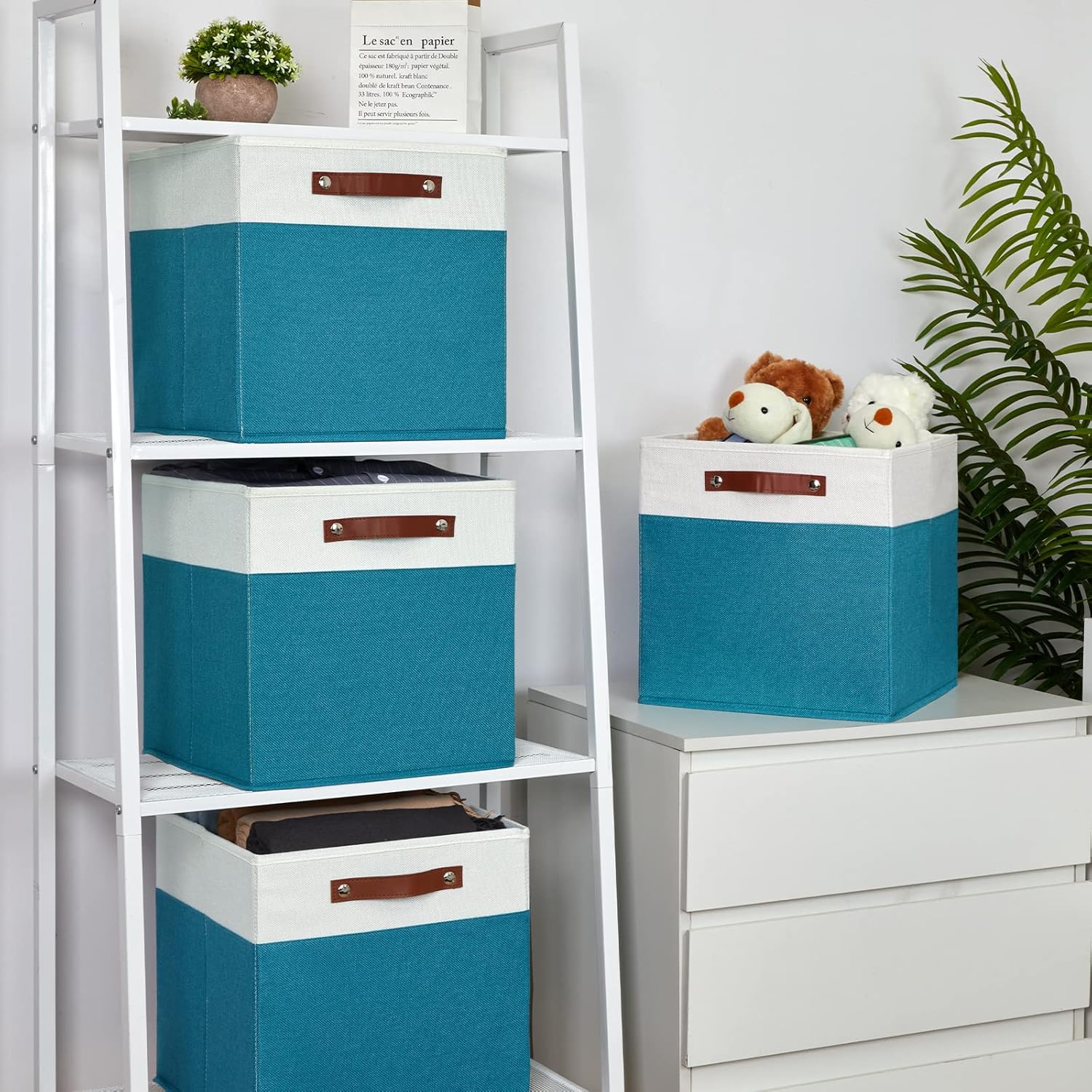 Temary Cube Storage Bins Storage Cube Bins for Home, 4 Pack Fabric Storage Bins for Organization, Storage Cubes 13x13 Cube Baskets with Leather Handles (White&Teal)