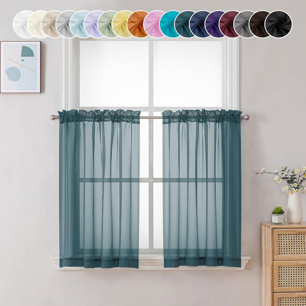 Chyhomenyc Sheer Stone Blue Tier Curtains 24 Inch Length, Small Window Curtains Treatment for Bathroom Living Room Basement, Short Rod Pocket Cafe Curtain, 42W x 24L Inches, 2 Panels