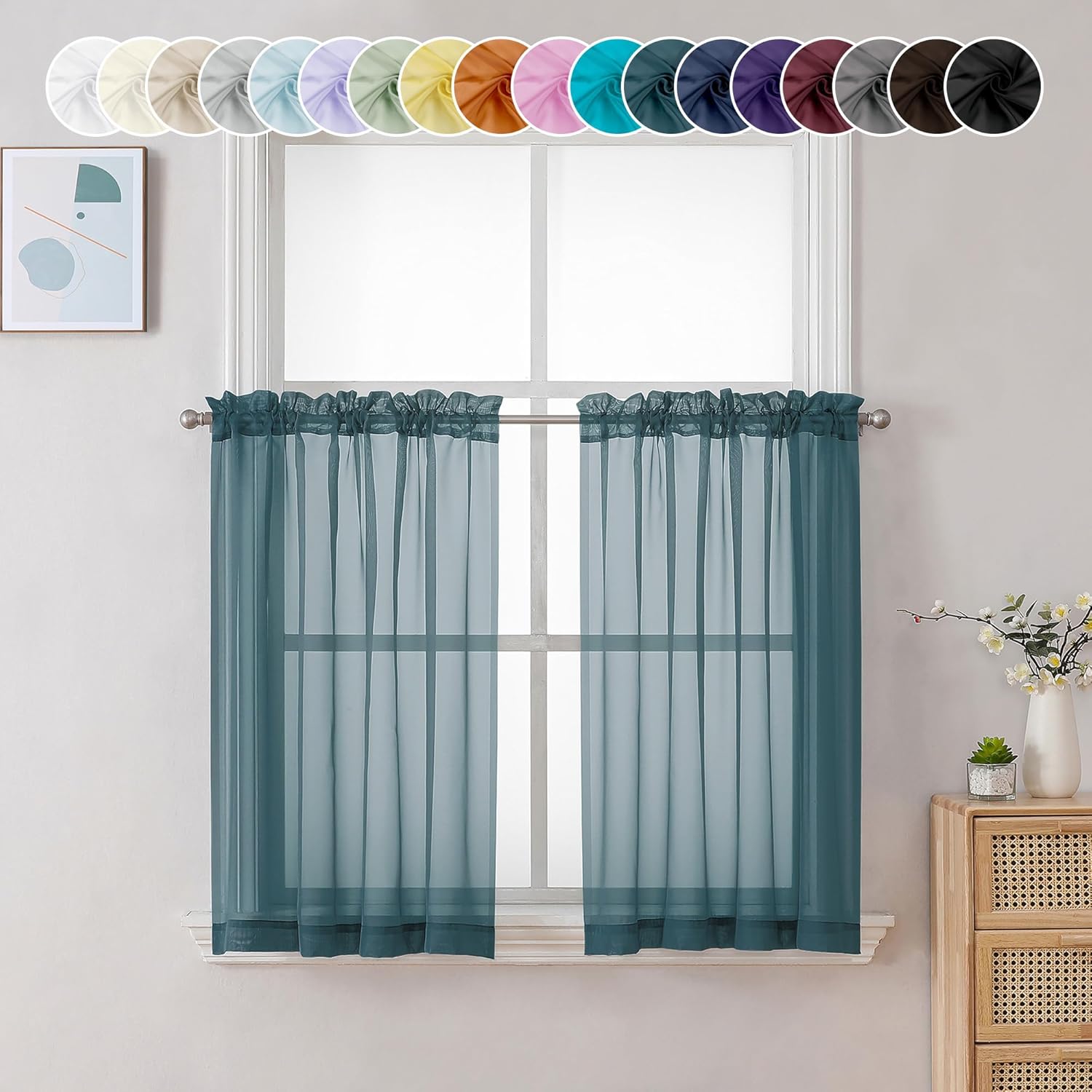 Chyhomenyc Sheer Stone Blue Tier Curtains 24 Inch Length, Small Window Curtains Treatment for Bathroom Living Room Basement, Short Rod Pocket Cafe Curtain, 42W x 24L Inches, 2 Panels