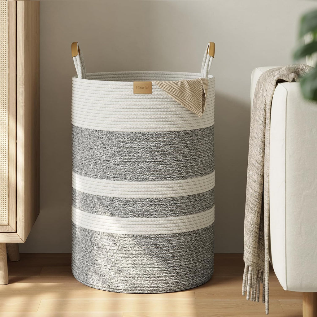 95L Striped Laundry Hamper with Leather Handles ,Large Foldable Laundry Basket for Clothes,Cotton Rope Storage Bin for Blankets,Woven Clothes Basket for Bedroom,Gray Stripes
