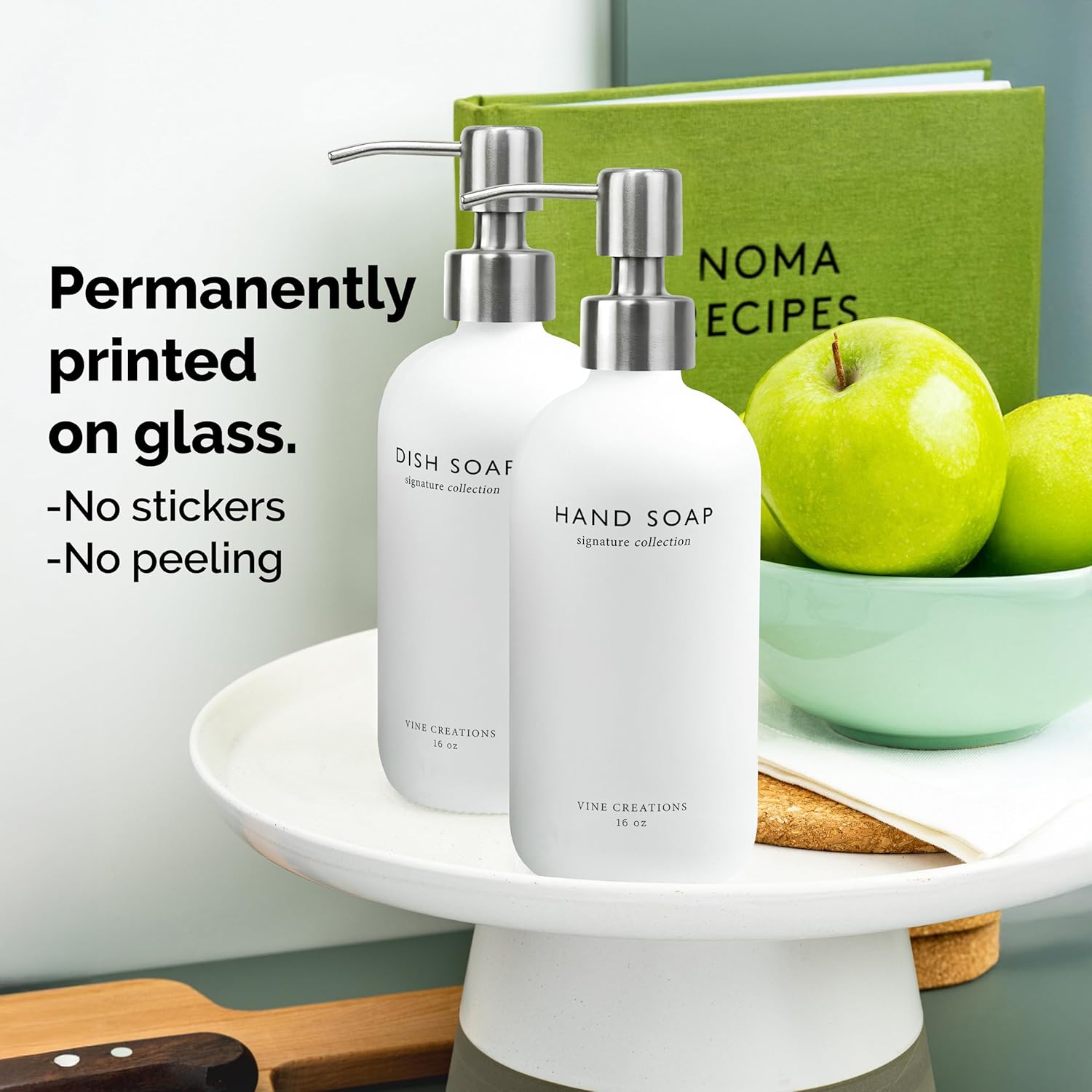 Vine Creations White Glass Soap Dispenser Set, Dish Soap and Hand Soap Dispenser Set with Stainless Steel Pump, 16 oz Glass Dispensers for Kitchen or Bathroom Decor (Matte White Bottle/Silver)