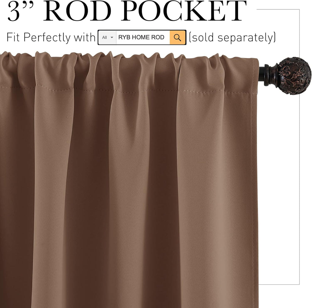 RYB HOME Small Curtains for Kitchen Window - Blackout Privacy Portable Curtain Set for Bedroom Office Bathroom Basement Garage Storage Enclosure RV Bunk, W 34 x L 30 inch, Mocha, 2 Pcs