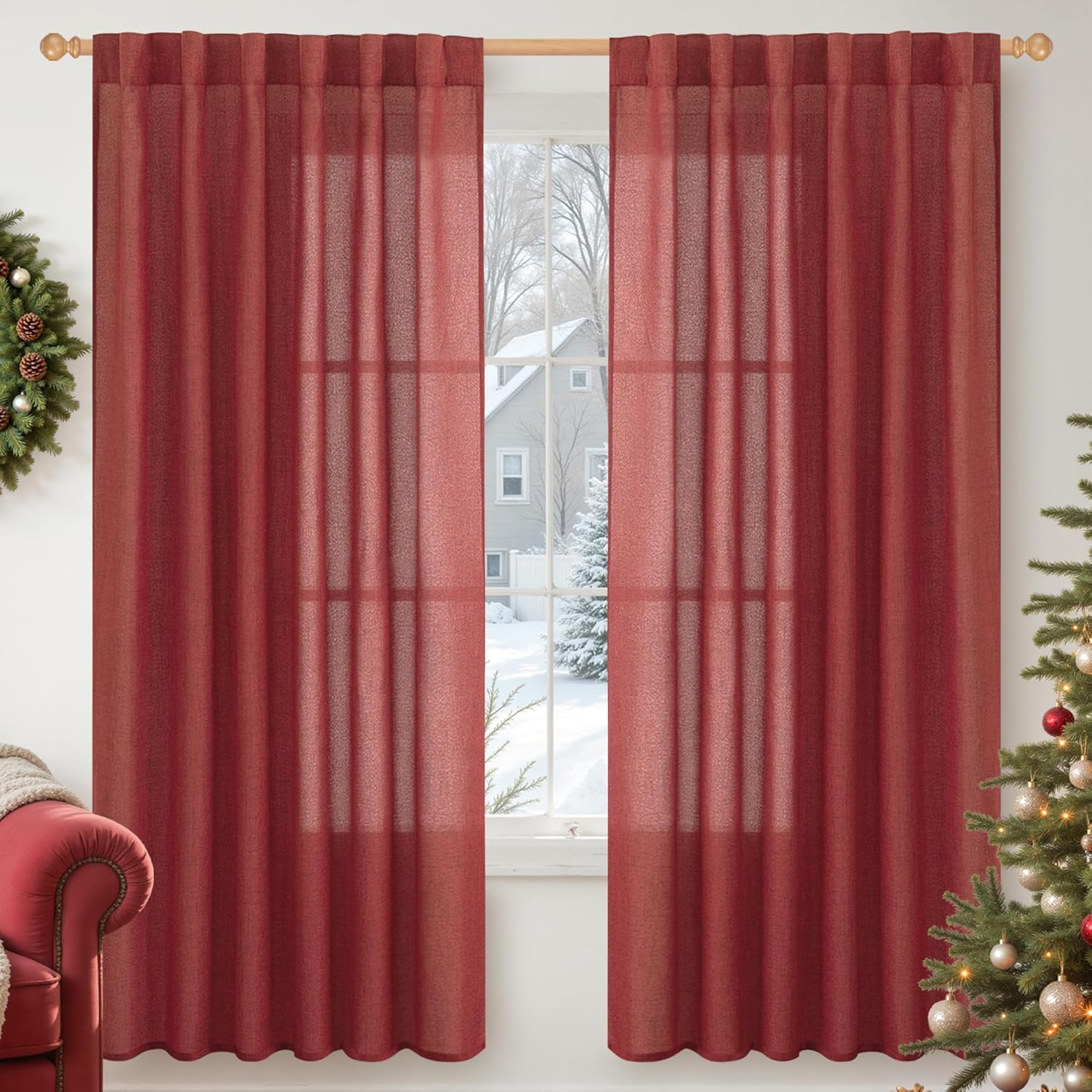 YoungsTex Red Linen Semi Sheer Curtains 72 Inch Length for Living Room - Light Filtering Drapes with Back Tab Rod Pocket Privacy for Bedroom Christmas Decor, 2 Panels, 52 X 72 Inch