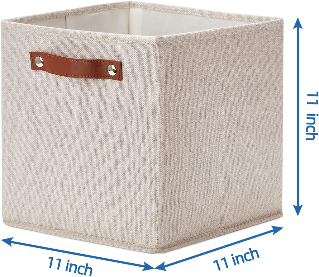 Temary 11x11 Storage Cubes Fabric Storage Cubes Storage Bins with Dual Leather Handles Canvas Storage Boxes for Organizing Home, Shelf, Closet (Beige, 11 x 11 x 11)