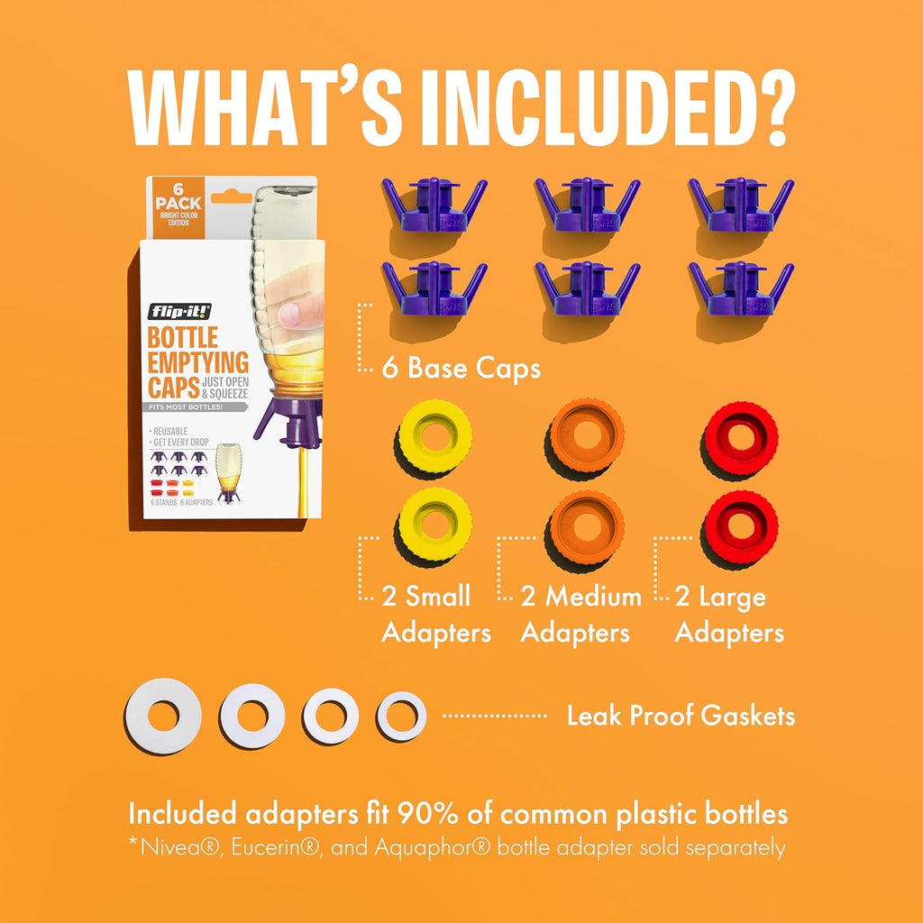 Flip-It! Bottle Emptying Kit – 6 Bottle Pack - No more wasted product - Fits most plastic bottles – 6 Base Caps, 6 Adapters – Bright Color Edition